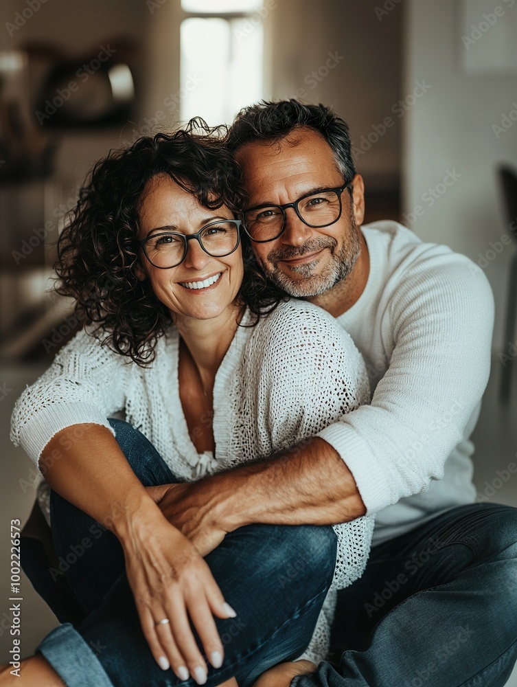 happy adult couple embracing , sitting on the floor of their home happy adult couple embracing , sitting on the floor of their home