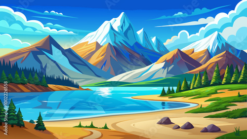 A scenic landscape with snow-capped mountains reflected in a calm, rippled lake. The foreground features a sandy beach with intricate patterns created by the receding tide. The sky is a vibrant blue