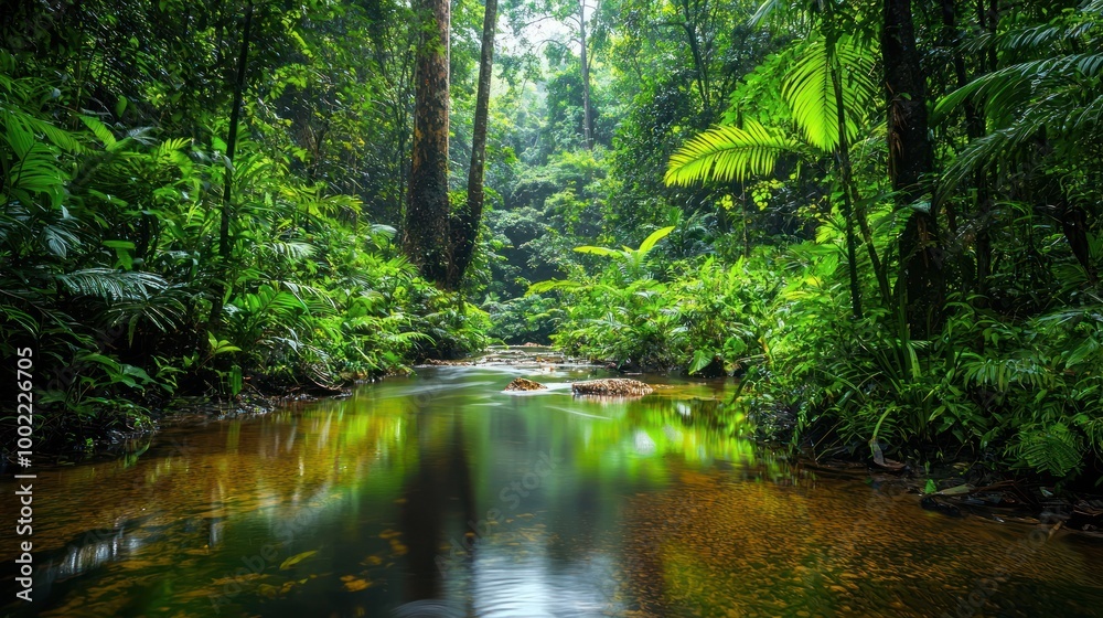 Obraz premium A serene forest scene with a calm stream running through it, surrounded by dense greenery.