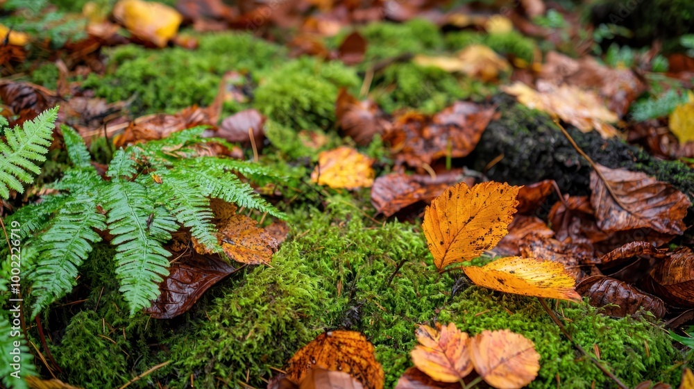 Close-up of forest floor vegetation, including moss, ferns, and fallen leaves. Close-up of forest floor vegetation, including moss, ferns, and fallen leaves.