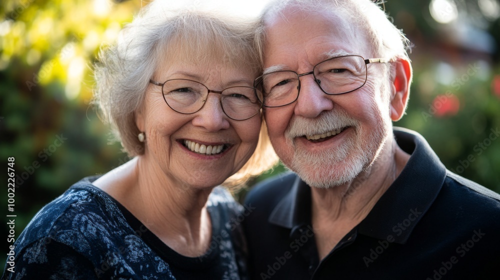 A Smiling Elderly Couple Posing Close Together Outdoors A Smiling Elderly Couple Posing Close Together Outdoors