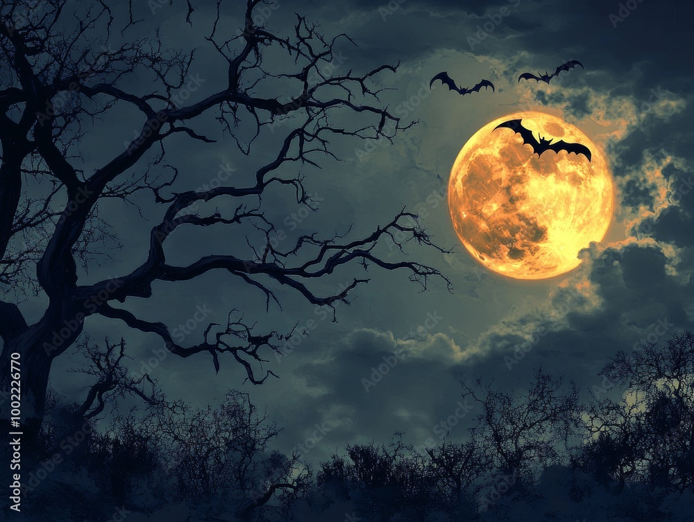 2408 116.A haunting Halloween night scene under a glowing full moon, with dark clouds drifting across the sky. Bats fly overhead, and silhouetted trees with twisted branches reach toward the moon, 2408 116.A haunting Halloween night scene under a glowing full moon, with dark clouds drifting across the sky. Bats fly overhead, and silhouetted trees with twisted branches reach toward the moon,