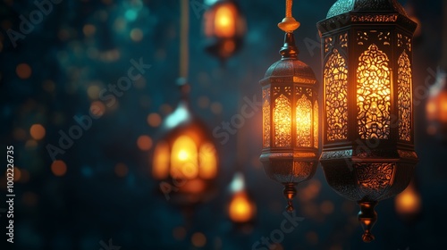 Islamic Social Media Post Design with Lanterns, Mandala Patterns, and Copy Space for Happy Islamic New Year Festival