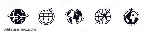 Globe and airplane icon set. Plane fly around the earth planet. Airplane travel logo. World map icon collection. Vector illustration.