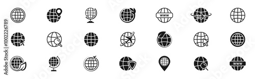 Globe earth icon set. World icon collection. Web and homepage icons. Globes with world maps. www symbol. Vector illustration.