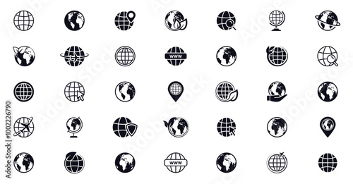 Globe earth icon big set. World icon collection. Web and homepage icons. Globes with world maps. www symbol. Vector illustration.