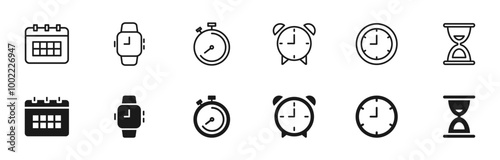 Time and clock icon set. Calendar, clock, stopwatch, wristwatch, alarmclock, hourglass. Vector illustration.