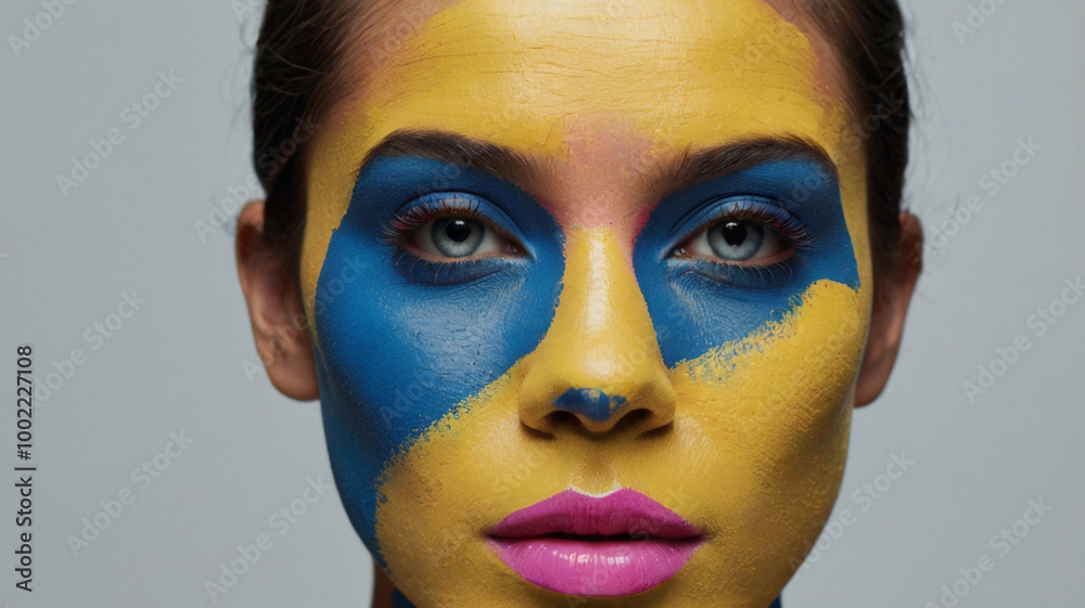 Portrait of the bright beautiful girl with art colorful make-up and body art. Pink, Blue, Yellow Close up Portrait of the bright beautiful girl with art colorful make-up and body art. Pink, Blue, Yellow Close up