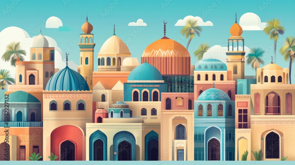 Fototapeta premium Extensive vector collection showcasing Arabic architectural designs and buildings adorned with captivating geometric patterns.