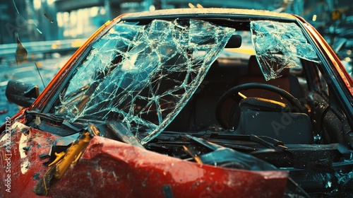 Extensive car damage after collision, including shattered windshield and deformed hood. Relevant for road safety, insurance, and auto repairs.