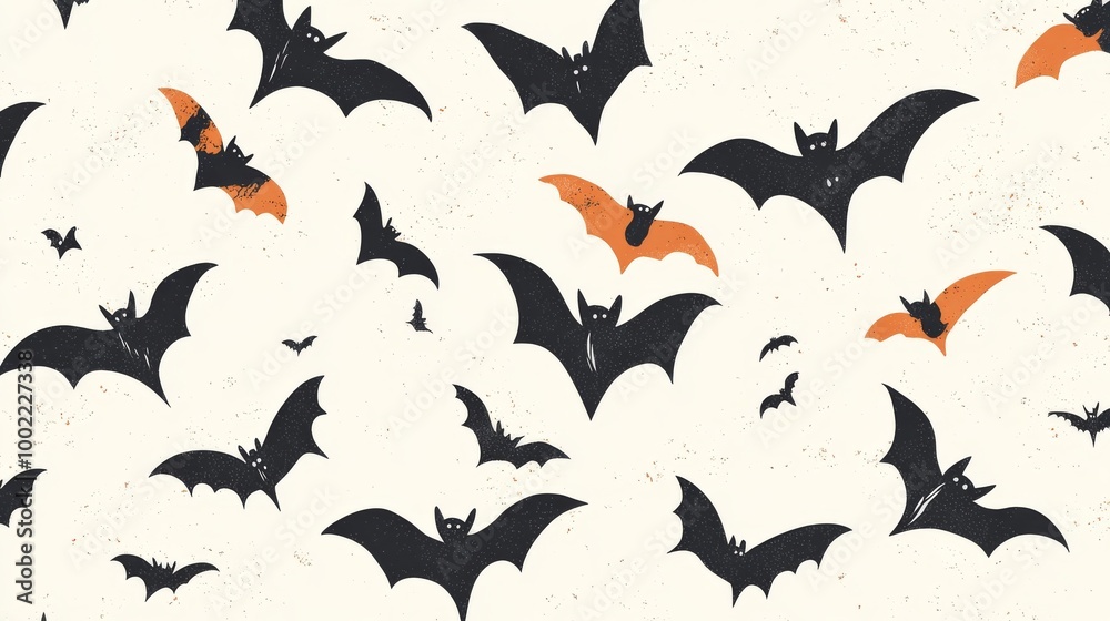 Naklejka premium 2408 128.A fun and spooky Halloween seamless pattern with cartoon bats flying across a light background. The bats are in different sizes and orientations, creating a dynamic, festive design suitable
