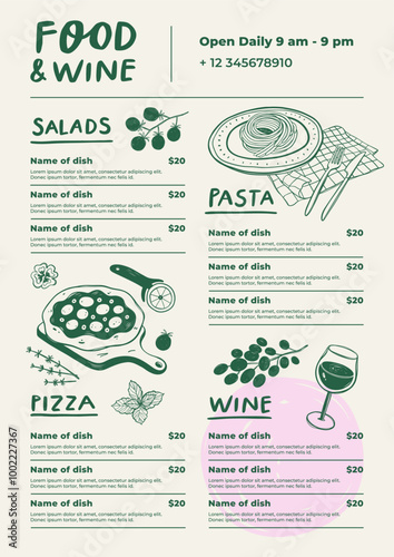 Restaurant cafe menu design template. Food and wine flyer.