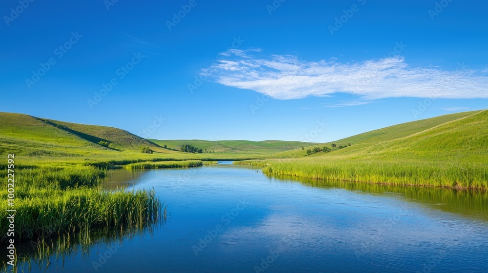 A peaceful nature scene with a clear blue sky, rolling hills, and a calm river. A peaceful nature scene with a clear blue sky, rolling hills, and a calm river.