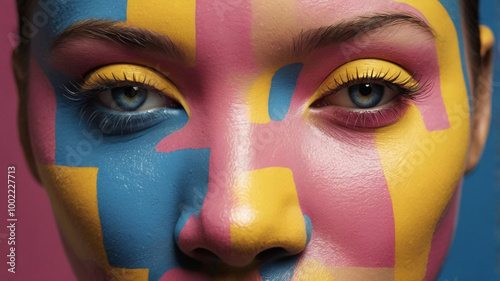 Portrait of the bright beautiful girl with art colorful make-up and body art. Pink, Blue, Yellow Close up