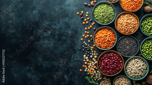 "A surface adorned with dry, uncooked grains and legumes, including beans, red lentils, green lentils, brown lentils, barley, mung beans, and peas."