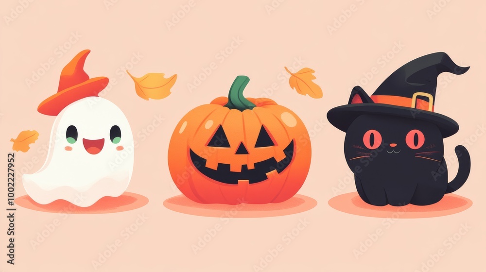 Fototapeta premium 2408 143.A set of cute Halloween characters in vector style, including a spooky ghost, a carved pumpkin with a goofy smile, a black cat, and a witch hat. The designs are colorful and fun, perfect for