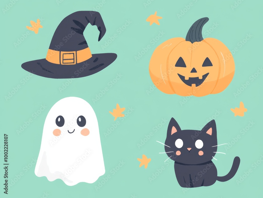 Fototapeta premium 2408 145.A charming Halloween clipart set with cartoon characters like a friendly ghost, a grinning pumpkin, a mischievous black cat, and a witch hat. The vector designs have a cute, lighthearted