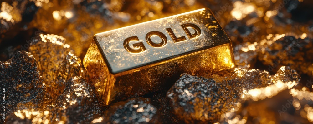 Close-up of a shining gold bar with the word 'GOLD' engraved, surrounded by gold nuggets