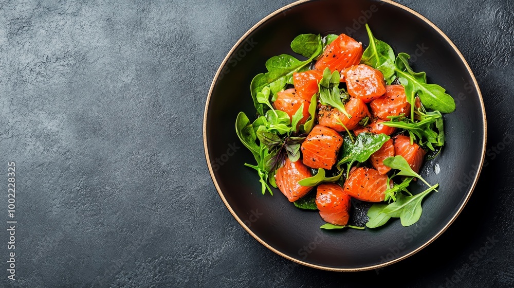 Fresh salmon salad with greens in a dark bowl, elegant presentation Fresh salmon salad with greens in a dark bowl, elegant presentation