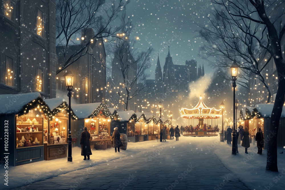 Illuminated Christmas market with decorated stalls and a lit carousel on snowy night. Winter wonderland Illuminated Christmas market with decorated stalls and a lit carousel on snowy night. Winter wonderland
