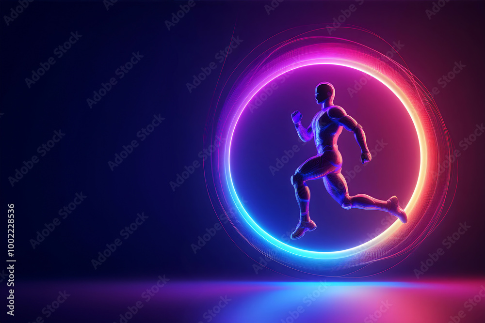 Futuristic image of a man running the rat race in a neon lighted blue and red colored wheel . time concept - AI Generated image Futuristic image of a man running the rat race in a neon lighted blue and red colored wheel . time concept - AI Generated image