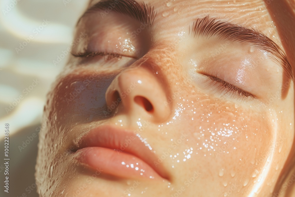 Naklejka premium Water hydration beauty, skincare face moisturizer, serum product in golden sunlight. Banner with copy space. skincare product on facial skin. Natural beauty and cosmetic concept.