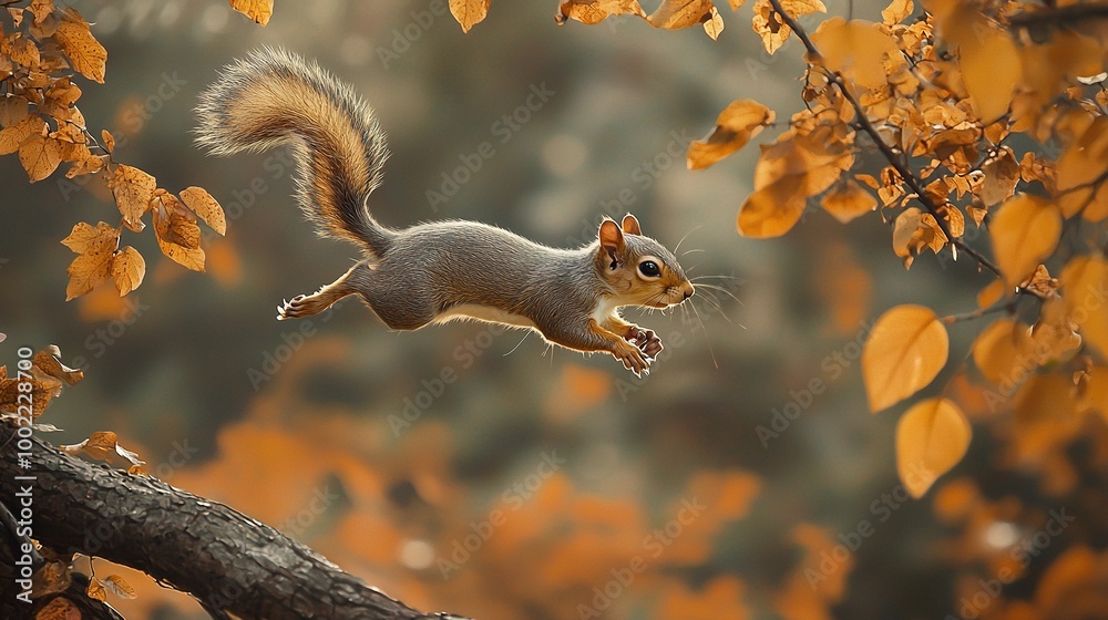 A squirrel soars above a tree with yellow leaves on its branches, while a tree branch with yellow leaves is visible in the foreground A squirrel soars above a tree with yellow leaves on its branches, while a tree branch with yellow leaves is visible in the foreground