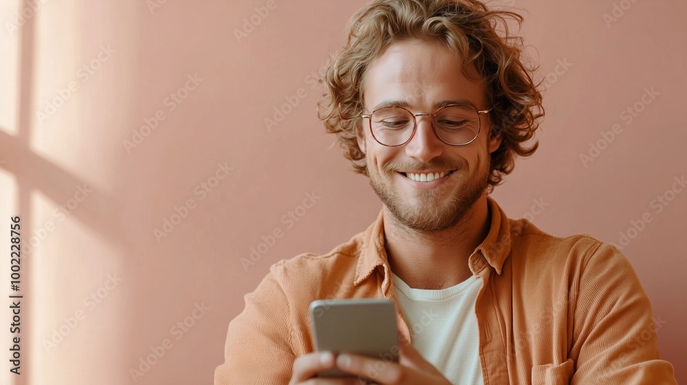 Isolated shot of Caucasian man uses smartphone application enjoys browsing social media creats news content makes online order wears spectacles and casual jumper poses over beige studio wall Isolated shot of Caucasian man uses smartphone application enjoys browsing social media creats news content makes online order wears spectacles and casual jumper poses over beige studio wall