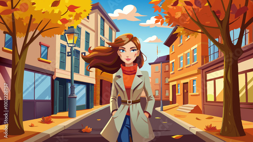 Beautiful Young Stylish Girl in Trench Coat Walking Autumn or Spring street. Autumn outdoor fashion.