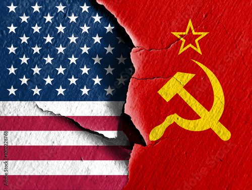 cold war. Flag of the Soviet Union (1922-1991). American flag (50 stars). Describe the hostile relationship between the two countries. Background or basemap. double exposure hologram