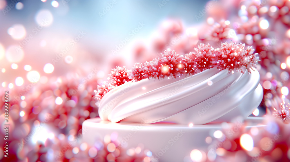 A white object with red flowers on it. The flowers are in a pinkish color. The object is surrounded by pink flowers A white object with red flowers on it. The flowers are in a pinkish color. The object is surrounded by pink flowers
