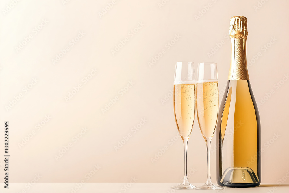 A bottle of champagne with two filled flutes on a light background. Concept of celebration and luxury A bottle of champagne with two filled flutes on a light background. Concept of celebration and luxury