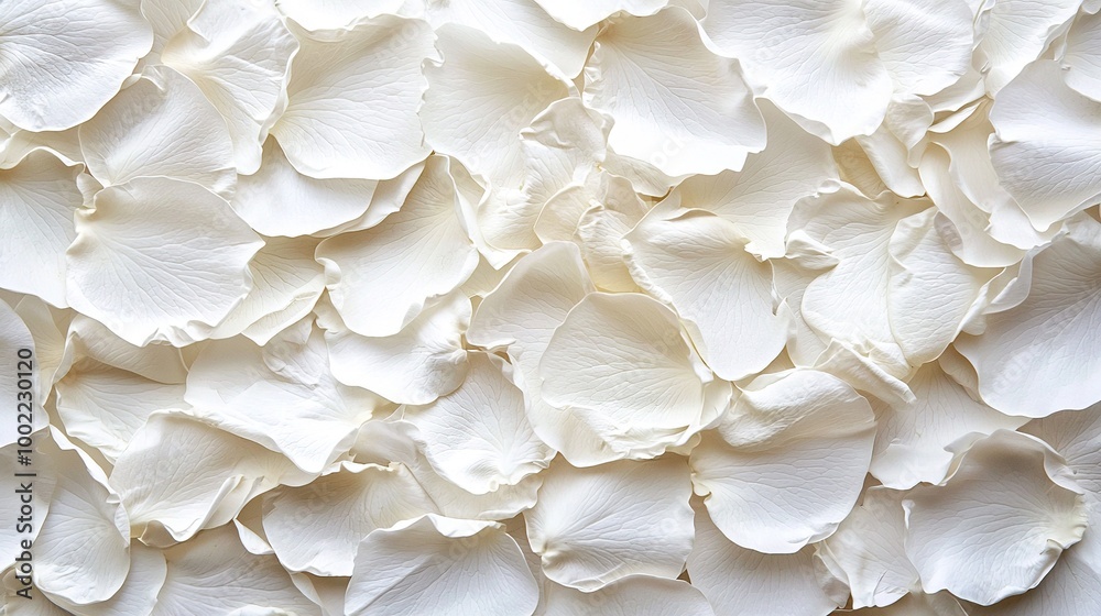 A cluster of white flowers placed on a white paper with white petals surrounding them A cluster of white flowers placed on a white paper with white petals surrounding them