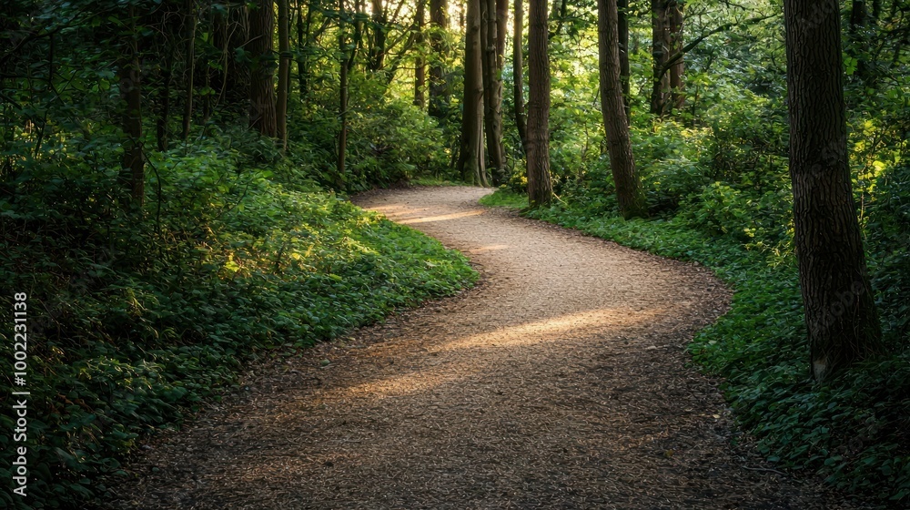 A winding woodland path through dense trees, with dappled sunlight creating patterns on the ground. A winding woodland path through dense trees, with dappled sunlight creating patterns on the ground.