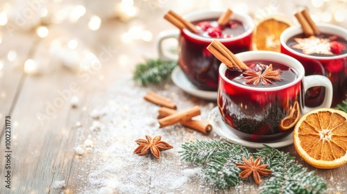 Warm cups of spiced tea with dried oranges and cinnamon sticks on a rustic wooden table, creating a cozy winter drink scene. Comfort and holiday warmth concept.