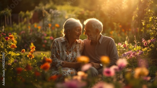 Elderly Couple Embracing in a Sunlit Garden