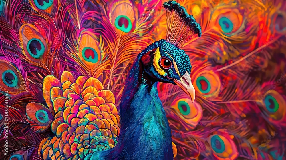 Obraz premium A sharp focus of a peacock, exhibiting numerous vibrant feathers on its back, particularly its tail plumage