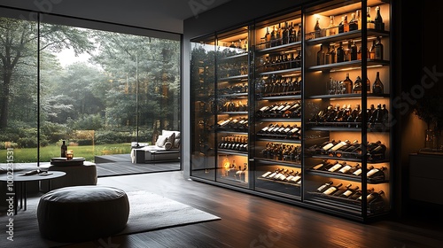 A glass display wine cellar, floor-to-ceiling glass enclosure with sleek metal racks, soft lighting highlighting the bottles, modern minimalist home interior, dark wood floors, clean lines,