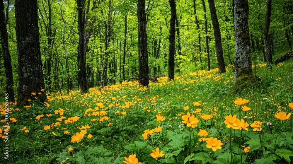Fototapeta premium A vibrant woodland scene in spring, with blooming flowers, fresh green leaves, and wildlife activity.