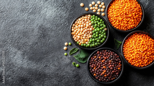 "Flat lay of a variety of peas, lentils, and legumes set against a gray background."