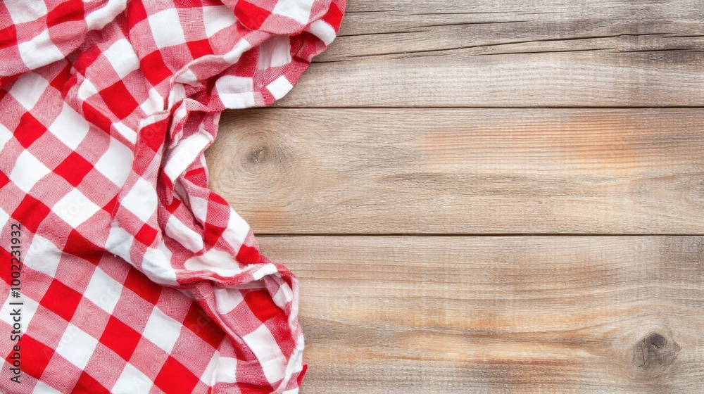Obraz premium Red and white checkered tablecloth draped on a rustic wooden surface, creating a cozy, nostalgic, and homey setting, ideal for food presentations or recipes.