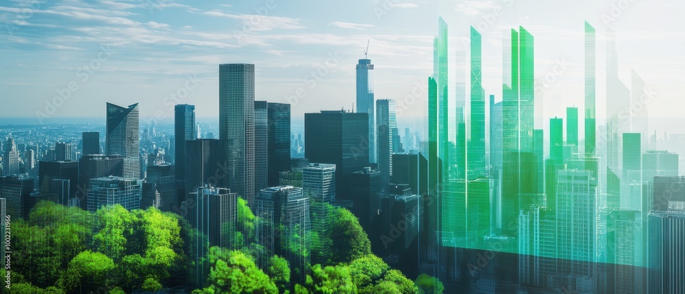 Obraz premium A futuristic cityscape with green elements, showcasing a blend of nature and modern architecture under a vibrant sky.