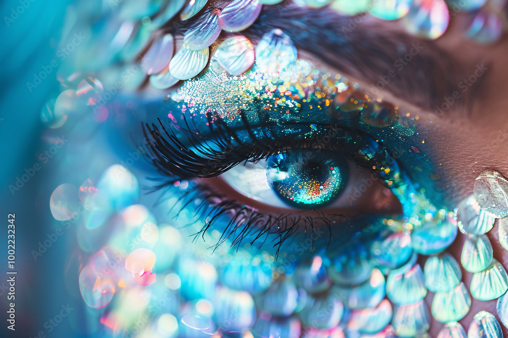 Φωτογραφία Close up of woman's beautiful mermaid Halloween costume eye makeup with fish sca