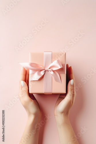 Hands holding a gift box on pastel soft color background with copy space