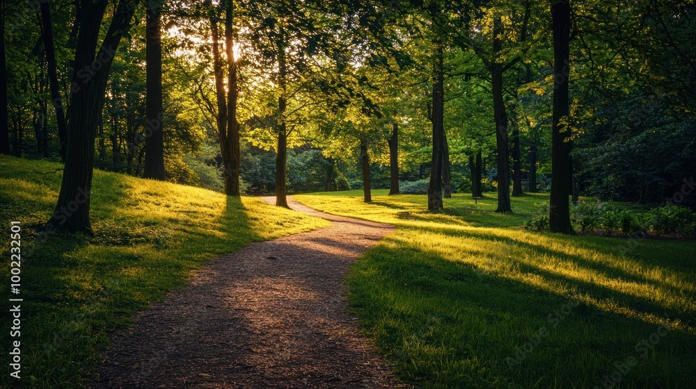 Fototapeta premium A peaceful woodland hill with a walking path, inviting exploration and enjoying the scenery.