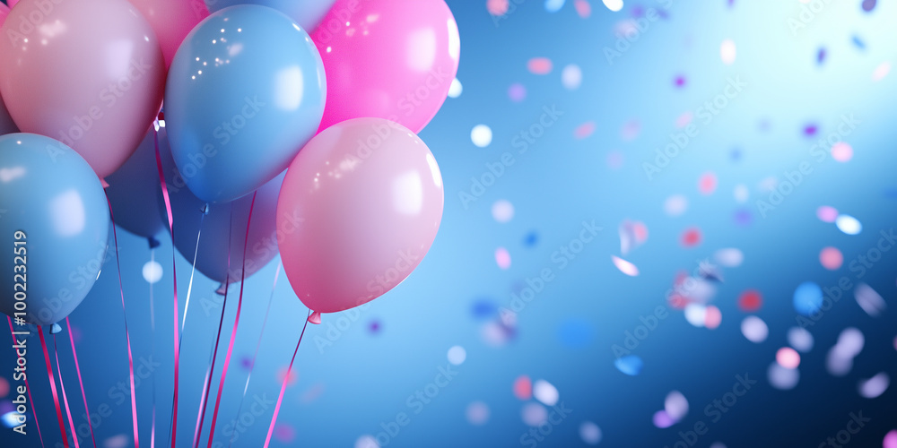 The background features a cheerful combination of pink and blue balloons and vibrant confetti, symbolizing joy and anticipation, with space for a custom message or event details. The background features a cheerful combination of pink and blue balloons and vibrant confetti, symbolizing joy and anticipation, with space for a custom message or event details.