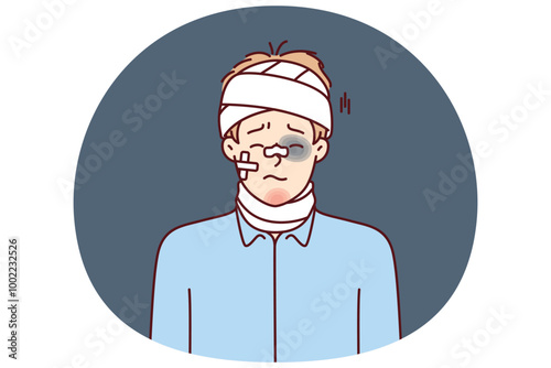Beaten man with bandages on head and band-aid on face after accident or catastrophe needs medical help. Guy with hematomas and bruises after being beaten by hooligans or falling from great height
