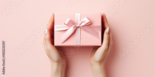 Hands holding a gift box on pastel soft color background with copy space