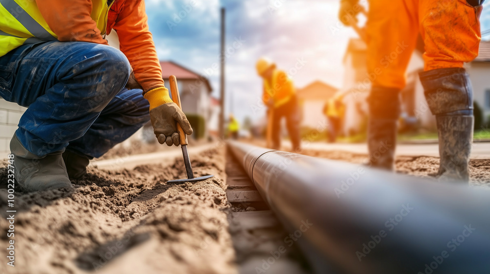 A close-up of workers securing sewer pipes into the ground, using industrial tools and machines to align the pipes beneath the street, with homes and buildings nearby. A close-up of workers securing sewer pipes into the ground, using industrial tools and machines to align the pipes beneath the street, with homes and buildings nearby.