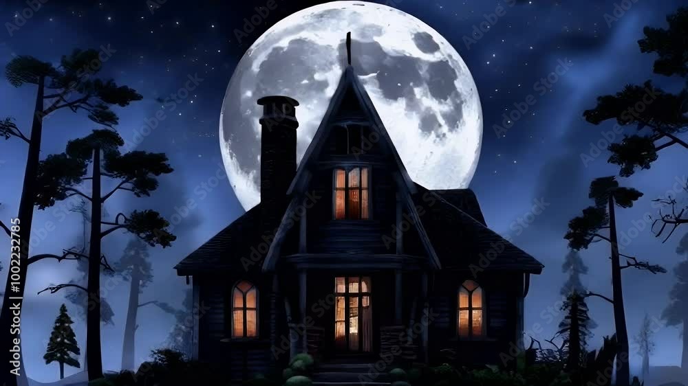 An old, dark, mysterious house with a full moon in the background, with a chimney, a front porch, and a few lit windows. An old, dark, mysterious house with a full moon in the background, with a chimney, a front porch, and a few lit windows.